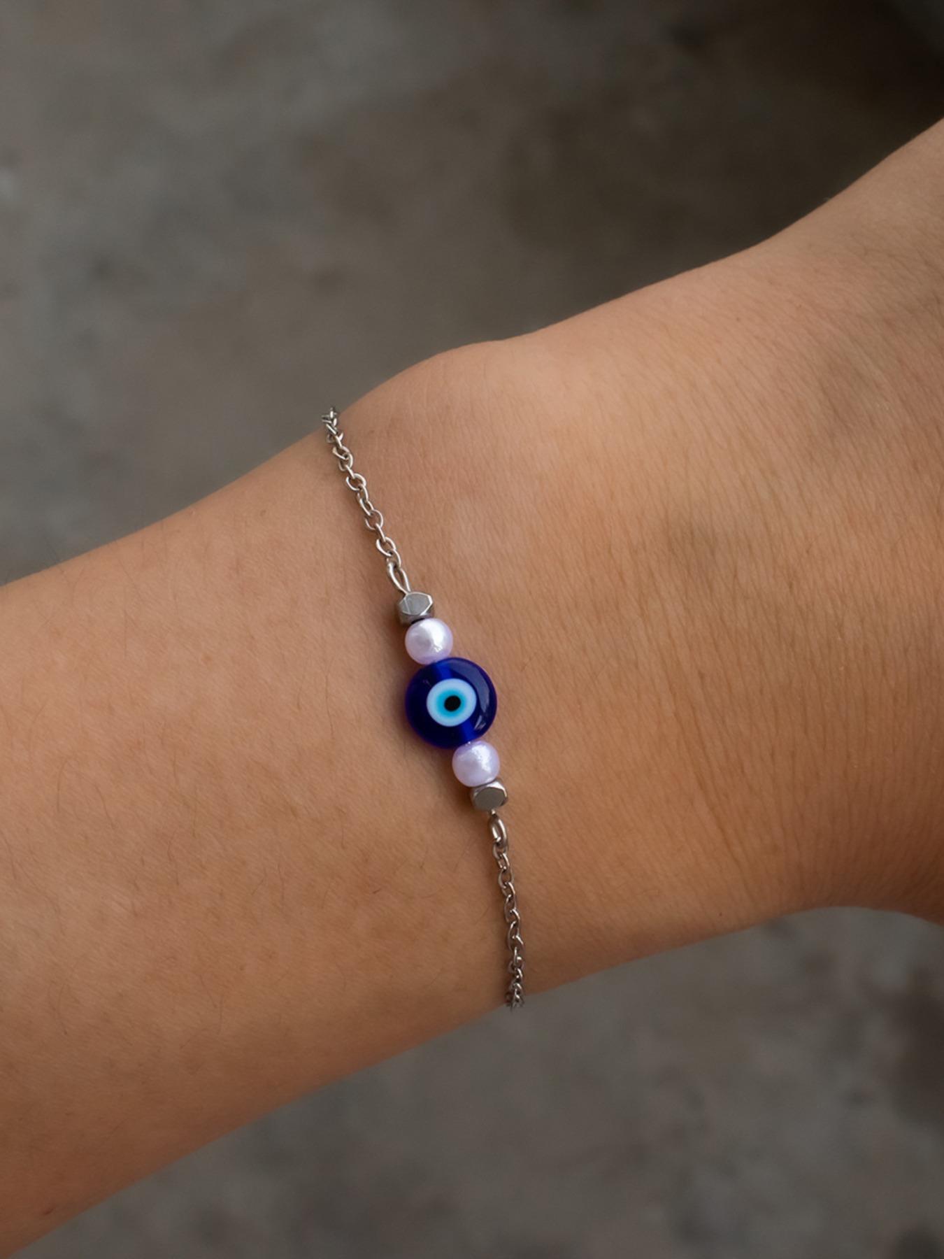 Stainless Steel Devil Eye Jewelry Set, Summer Simple Pearl Glass Eyes Necklace Bracelet, Elegant Fashion Accessory