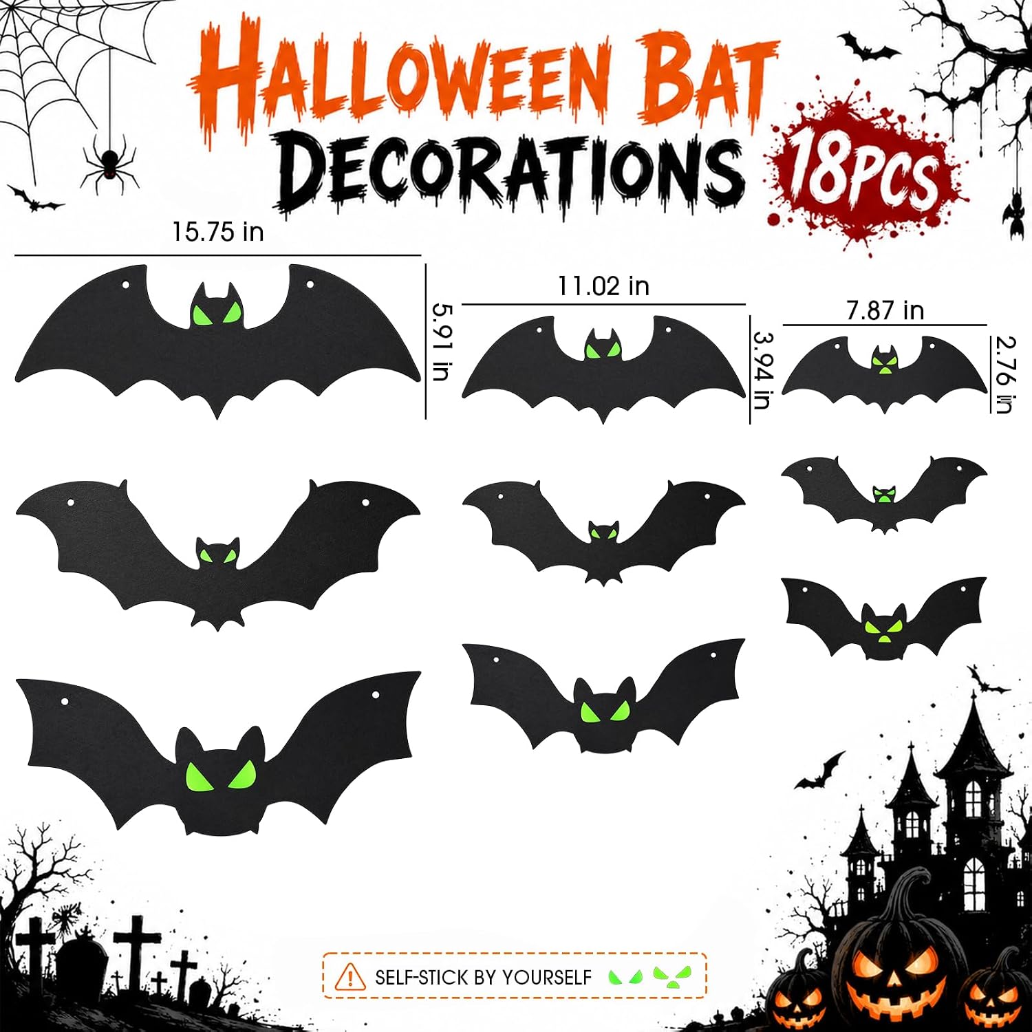 18 count  Bats Halloween Decoration with Glowing Eyes  Realistic Hang & Stick Flying Bat Spooky Decor for Haunted House Porch Garden Wall Window Party Supplies