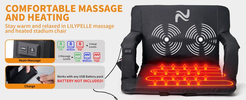 SLSY Heated Massage Stadium Seats, Bleacher Seat with Back & Arm Support, 3 Levels of Heat&Massage, 6 Reclining Positions Stadium Seating Bleacher Seats for Sports Events