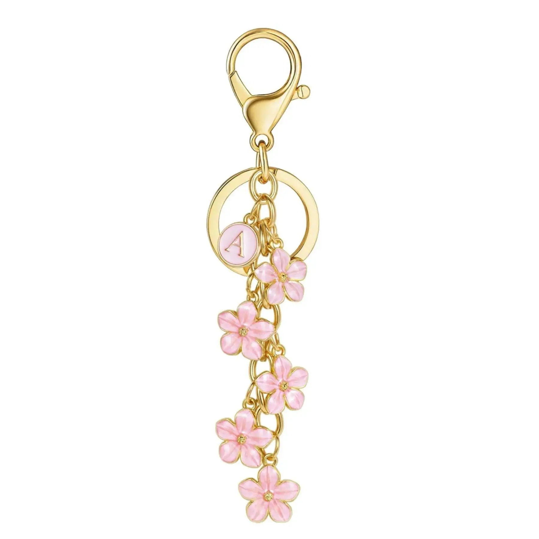 Chic Pink Floral, Keychain & Initial Letter Key Pendant, For Women And Girls, Non-Braided Metal Chain With Non-Elastic Flower Charms, Tarnish Resistant Wallet Charm Handbag Accessory, Stylish Cute Keyring, Perfect Gift