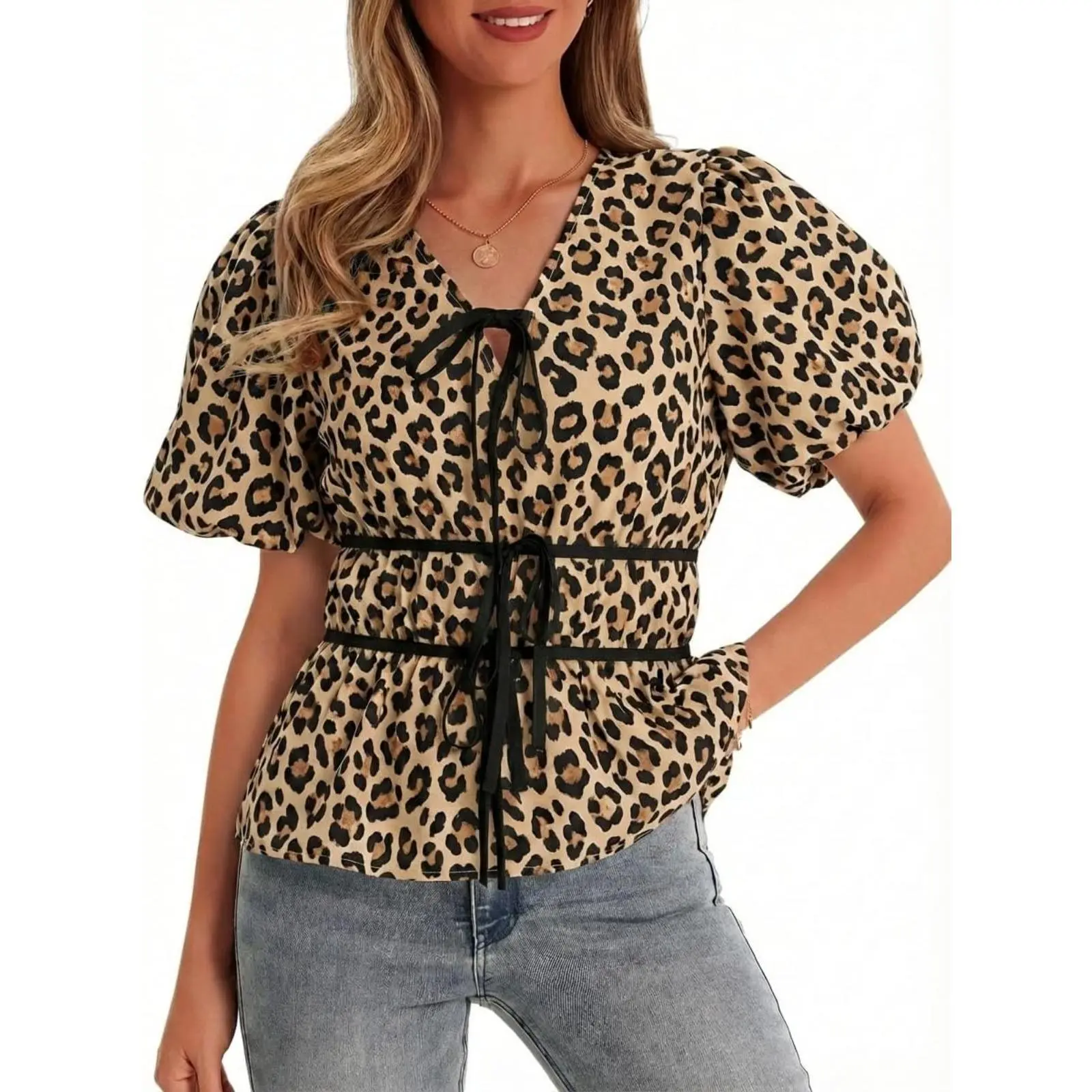 Cicy Bell Womens Puff Sleeve Tie Front Tops Summer Babydoll Peplum V Neck Blouse Casual Dressy Pleated Floral Print Shirts