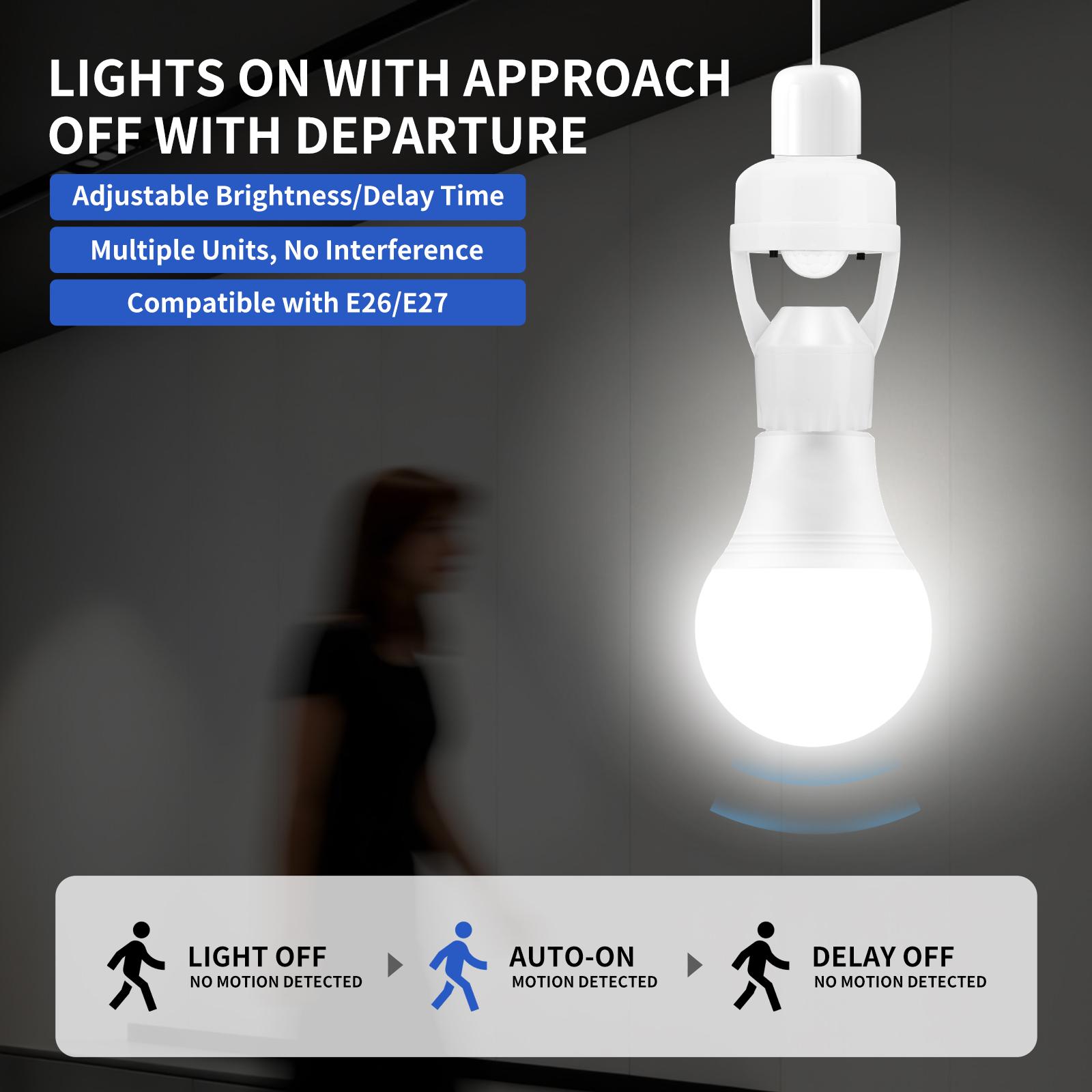 (2-Pack) Smart E27 Motion Sensor Light Socket | 360° Motion Detection, Energy Saving, No Drilling Required