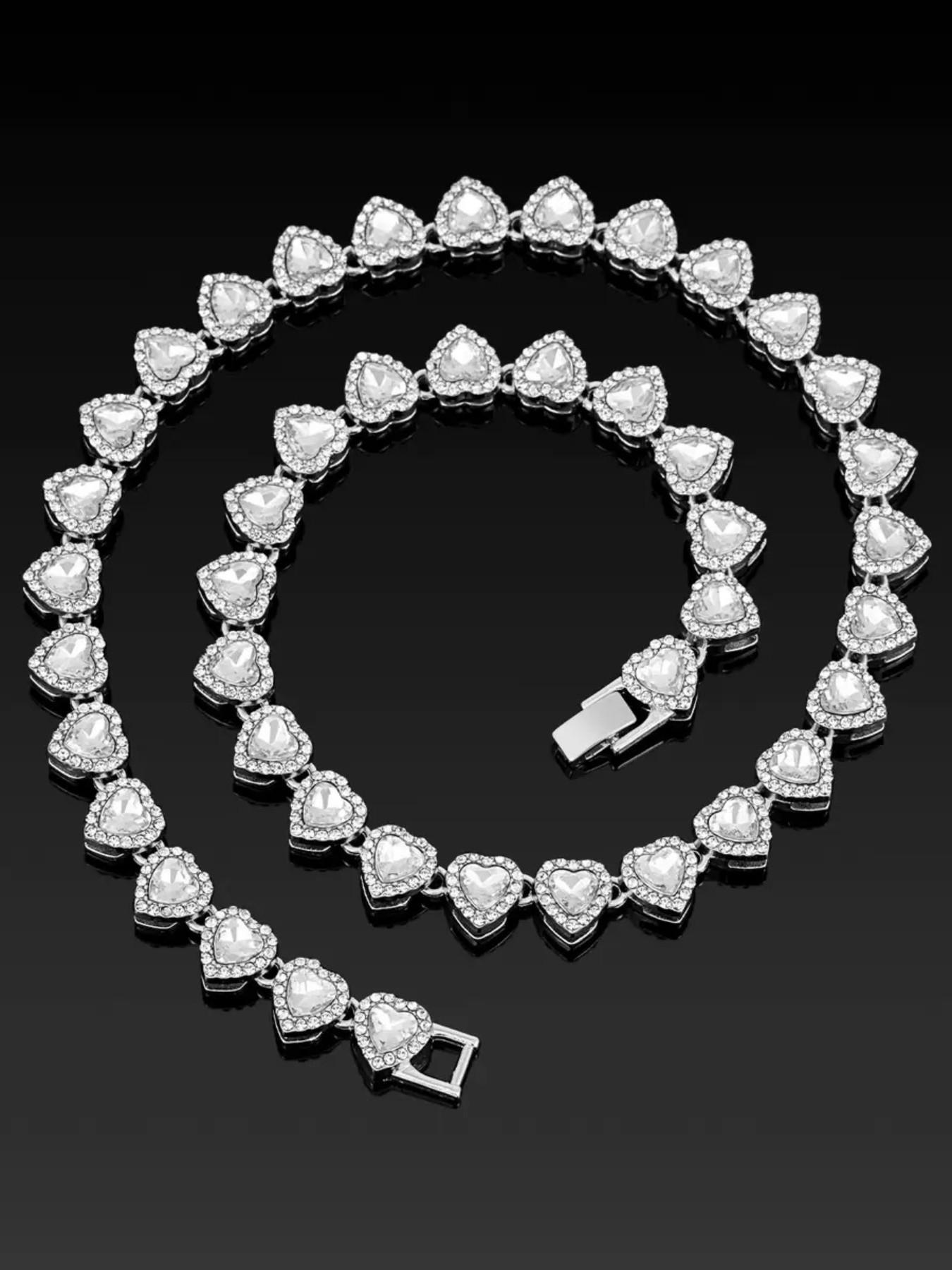 2Pieces/Set 10mm Love Heart Shape Chain Necklace and Bracelet Men or Women Hip Hop Iced Out Bling Bling Chain Necklace and Bracelet Fashionable Elegant Jewelry Set Fashion Set Jewelry Valentines Gift