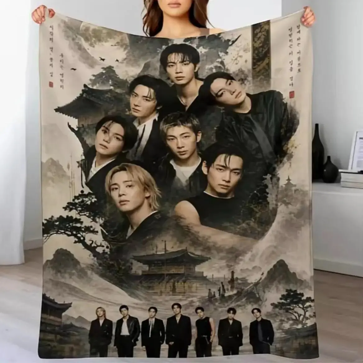 Kpop Photo Collage Blanket, RM Jin SUGA J-Hope Jimin V Jung Kook Portrait Throw Blanket, Soft Fleece Blanket for Sofa Bed Couch, ARMY Fan Room Decor Gift