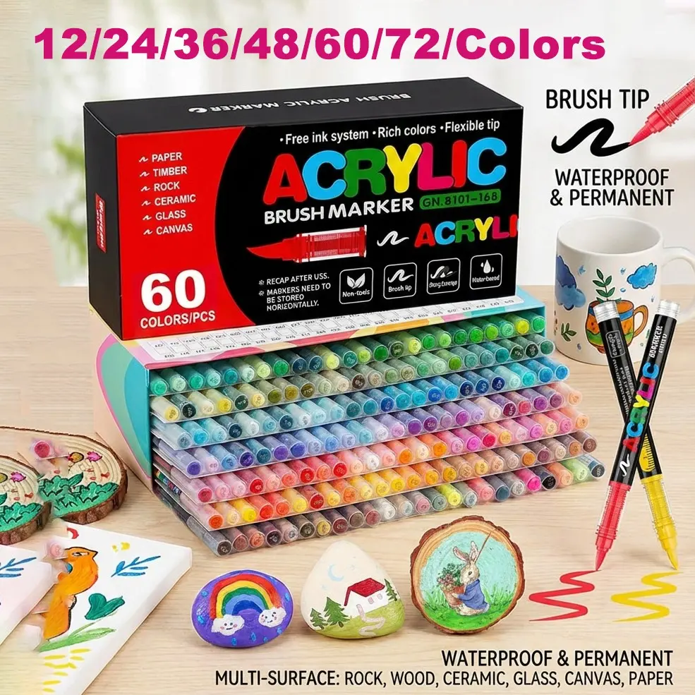 Acrylic Paint Markers Set, Acrylic Drawing Markers, Automatic Ink-Control Soft Brush Tip for Wood, Rock, Glass, Canvas, Stone, Fabric, Metal and Ceramic DIY Crafts, Painting Supplies, Art Supplies for Back to School, Halloween and Christmas Gifts