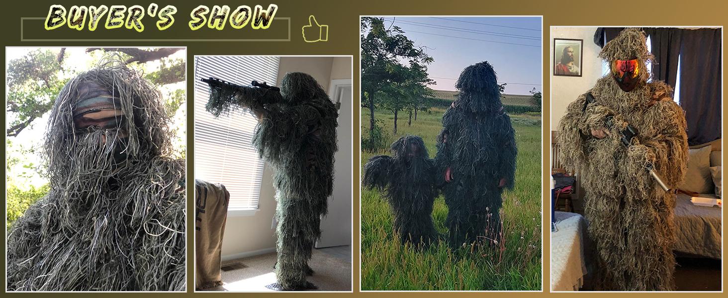 Lilypelle 5 in 1 Ghillie Suit, 3D Camouflage Hunting Apparel Including Jacket, Pants, Hood, Carry Bag Suitable for Unisex Adults (M/L/XL/XXL)