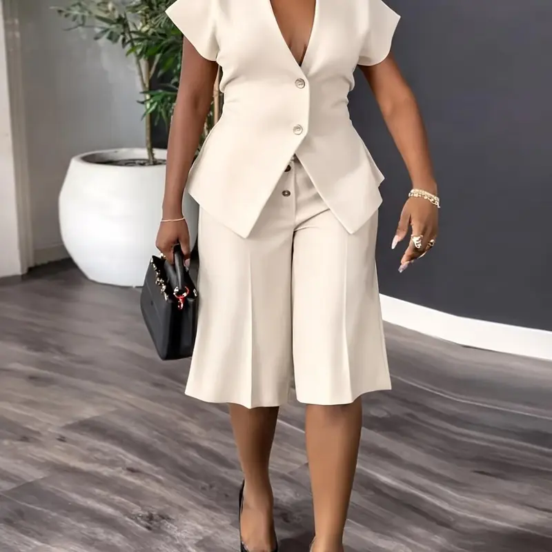 Women's Two-Piece Set, Solid Color V-Neck Cap Sleeve Blazer and Midi Culottes, Urban Style Suits, Office Clothes, Casual Fashion Ensemble for Ladies