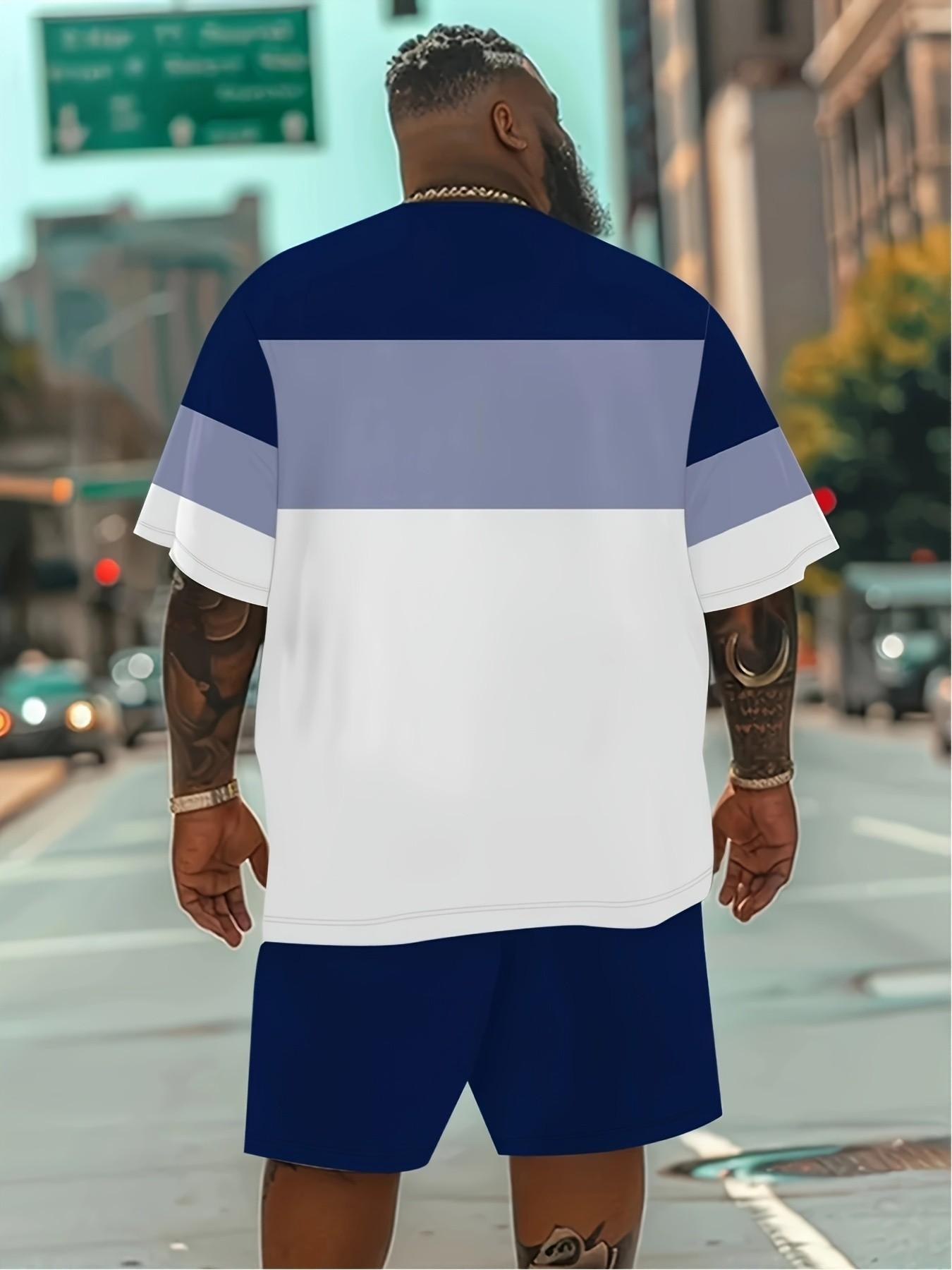 Men's Plus Size Two-Piece Fashion Summer Sportswear Set, 3D Printed T-Shirt & Fashionable Shorts, Casual Crew Neck, Long Length, Short Sleeve, Casual Sports Style, Casual Sporty Design