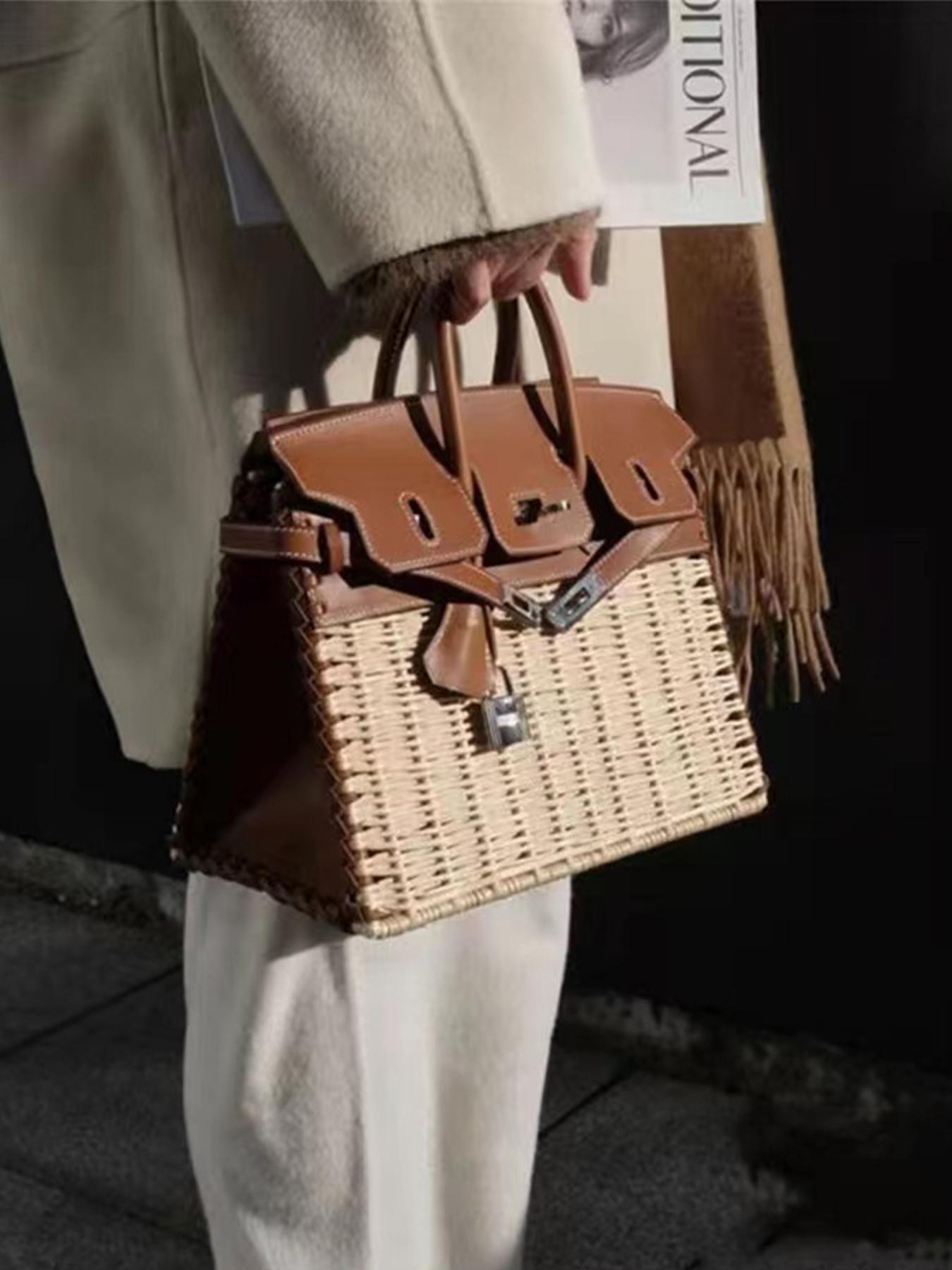 2026 Fashion Handbag, High-Quality Handmade Basket Bag, Picnic Lunch Bag, Platinum Color Bag for Girlfriend, Mother's Gift, Natural Rattan Crossbody Bag