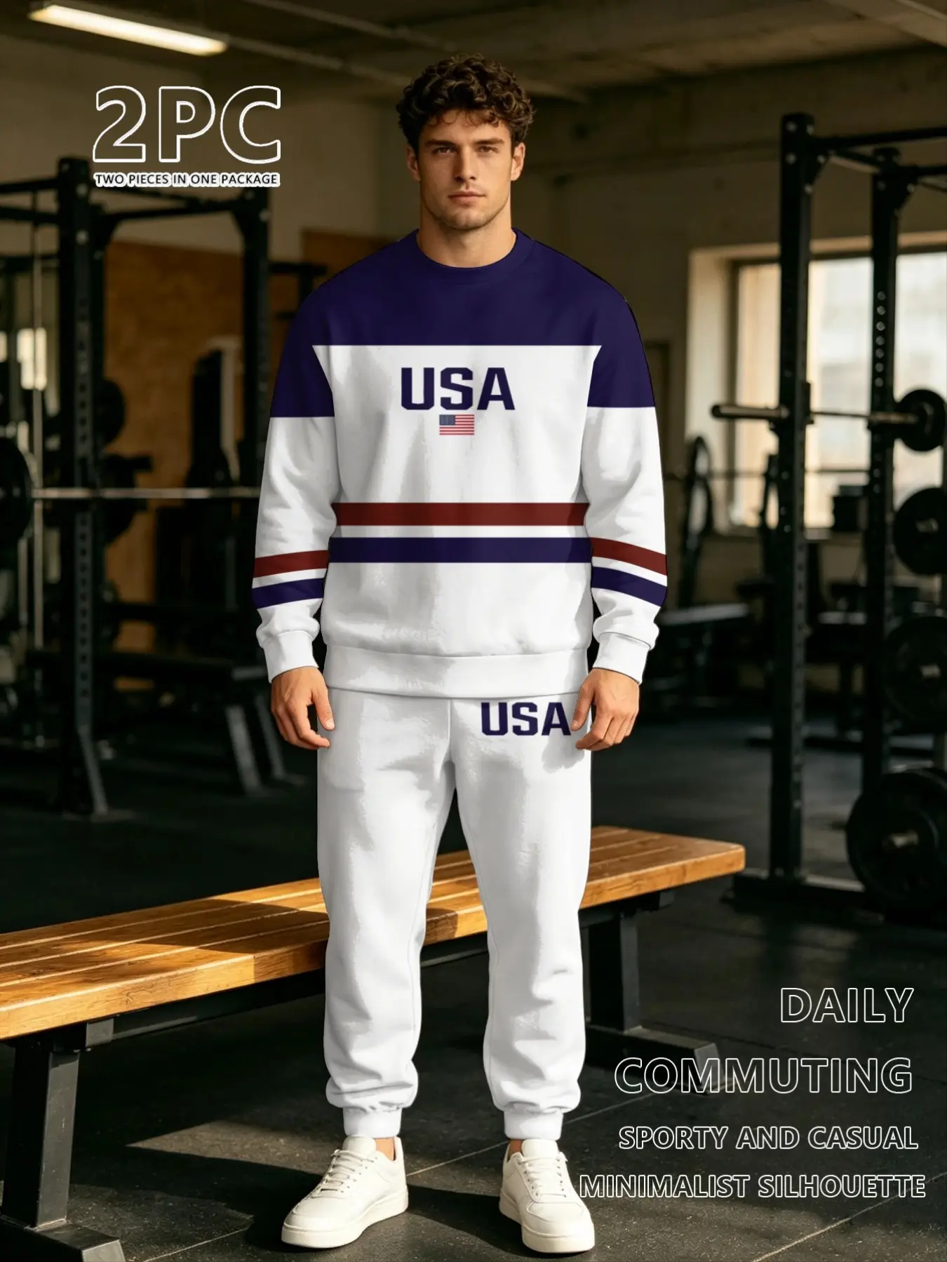 Men's Digital Print Fall Winter Casual Two-Piece Set, Round Neck Long Sleeve Pullover & Drawstring Pants, Knit Fabric Outdoor Sports Wear