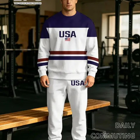 Men's Digital Print Fall Winter Casual Two-Piece Set, Sweatsuit Set, Round Neck Long Sleeve Pullover & Drawstring Pants, Knit Fabric Outdoor Sports Wear