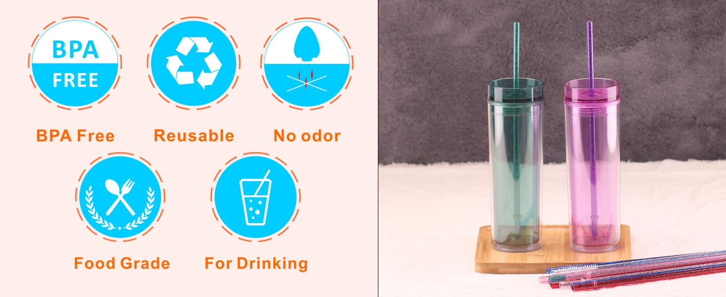 11 inch glitter clear 12 piece reusable straw replacement plastic straw for 16 oz 18oz 20 oz 24 oz 30 oz yeti,stanley,tumblers starbucks straws plus one cleaning brush (6 color,11 inch)