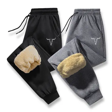 Men's Casual Polyester Keep-Warm Loose-Fit Pants - Bull Skull Printed, Plush Lined, Elastic Drawstring Waistband, Side Pockets, Ankle Cuffs, Machine Washable Cold Winter Bottoms for Daily Jogging & Outdoor Activities, Machine Washable Men's Pants