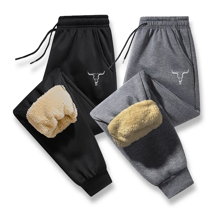 Men's Casual Polyester Keep-Warm Loose-Fit Pants - Bull Skull Printed, Plush Lined, Elastic Drawstring Waistband, Side Pockets, Ankle Cuffs, Machine Washable Cold Winter Bottoms for Daily Jogging & Outdoor Activities, Machine Washable Men's Pants
