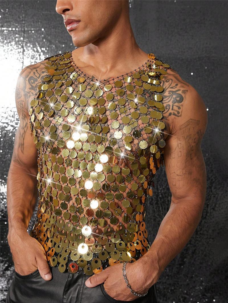 Mens Sparkly Mesh Tank Top Rhinestone See Through Clubwear Sexy Hollow Out Party Outfit Festival Stage Fashion Statement