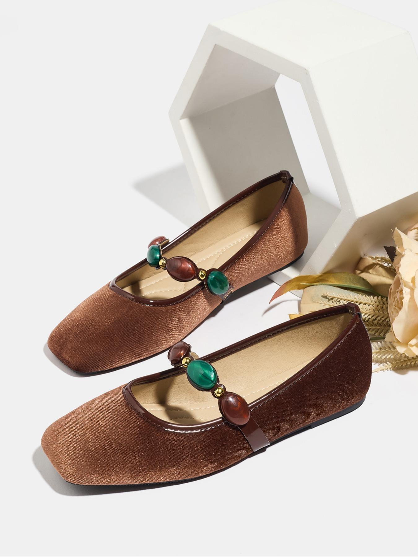 Women's Plus Size Retro Square Toe Flat Shoes Slip-On Comfortable Soft Sole Mary Jane Flats with Gem Decoration Casual Commuter Shoes All Seasons Footwear