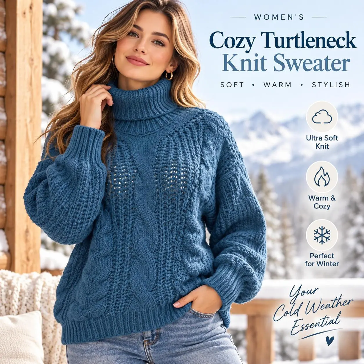 Women's Chunky Cable Knit Turtleneck Sweater, Cozy Long Sleeve Pullover, Relaxed Fit Warm Winter Top, Textured Knit Casual Fall Fashion, Ribbed High Neck Sweater for Everyday Wear, Office, Weekend, Street Style & Holiday Outfits