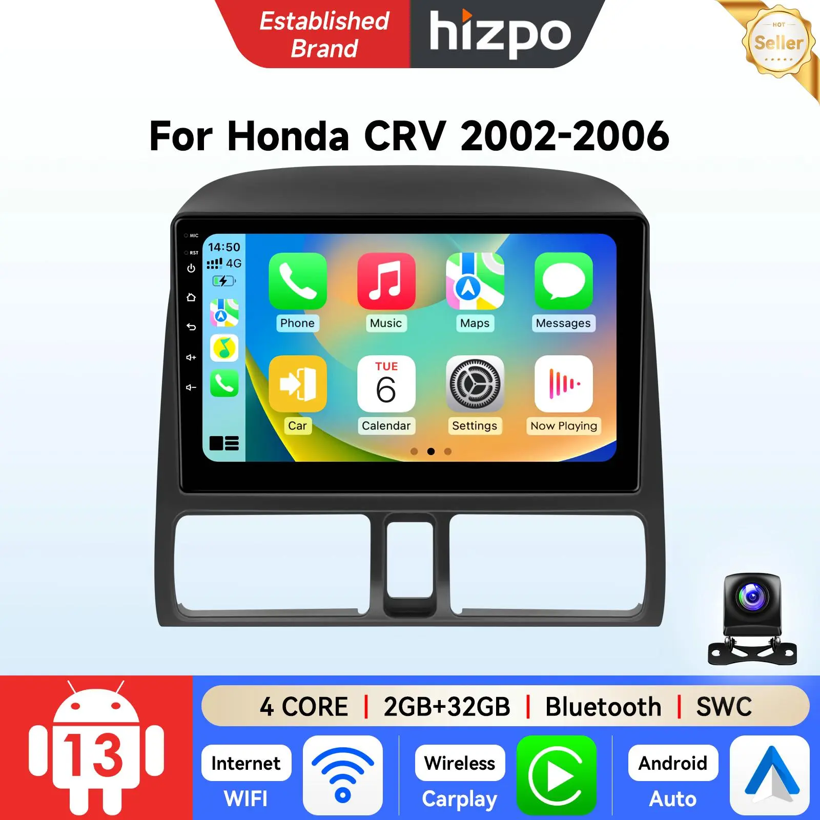 Hizpo 9 Inch 2Din Android 13 Touchscreen Car Radio for Honda CRV 2002-2006, Wireless CarPlay, Wireless Android Auto, GPS Navigation, Bluetooth Multimedia Player, Head Unit, Support Wireless Carplay
