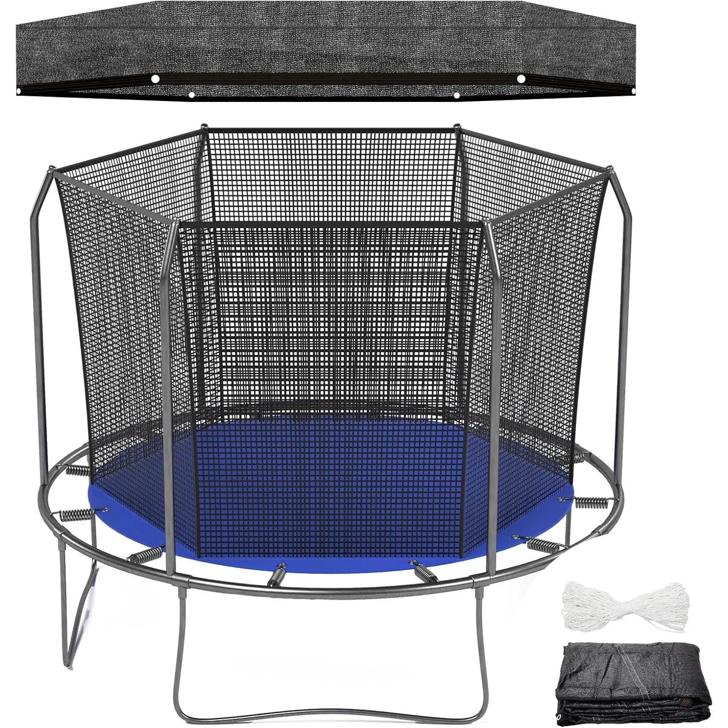 Round 6-Hole Black Trampoline Sunshade Tent Top Cover, Sunblock Shade Cloth for 8ft 10ft 12ft Trampoline with 146ft Cord, Easy to Install for Backyard Playground, Tent Only