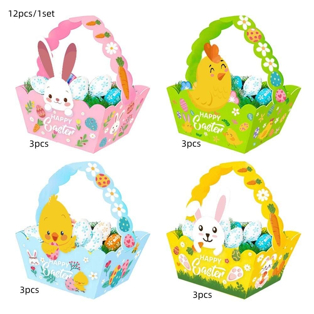 12pcs Easter Basket Set with Handle, Mini Egg Gifts, Cute Bunny Stickers, Wedding Party Supplies, Party Favors, Craft Decoration, Rabbit