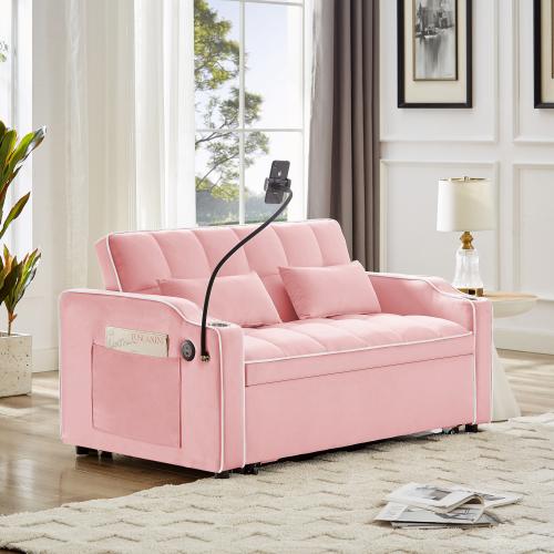 【Bellemave】1 versatile foldable sofa bed in 3 lengths, modern sofa sofa sofa velvet pull-out bed, adjustable back and with USB port and ashtray and swivel phone stand (pink)