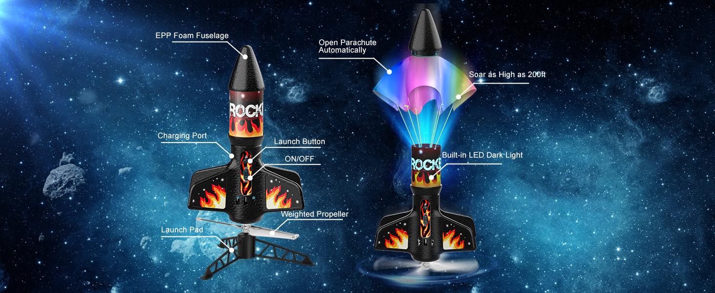 Rocket Launcher for Kids, Self Launching Motorized Air Rocket Toy, Outdoor Toys for Ages 8-12, Model Rockets with Parachute Safely Land, Launch up to 200 ft Birthday Gifts for Boys (Orange)  Aircraft