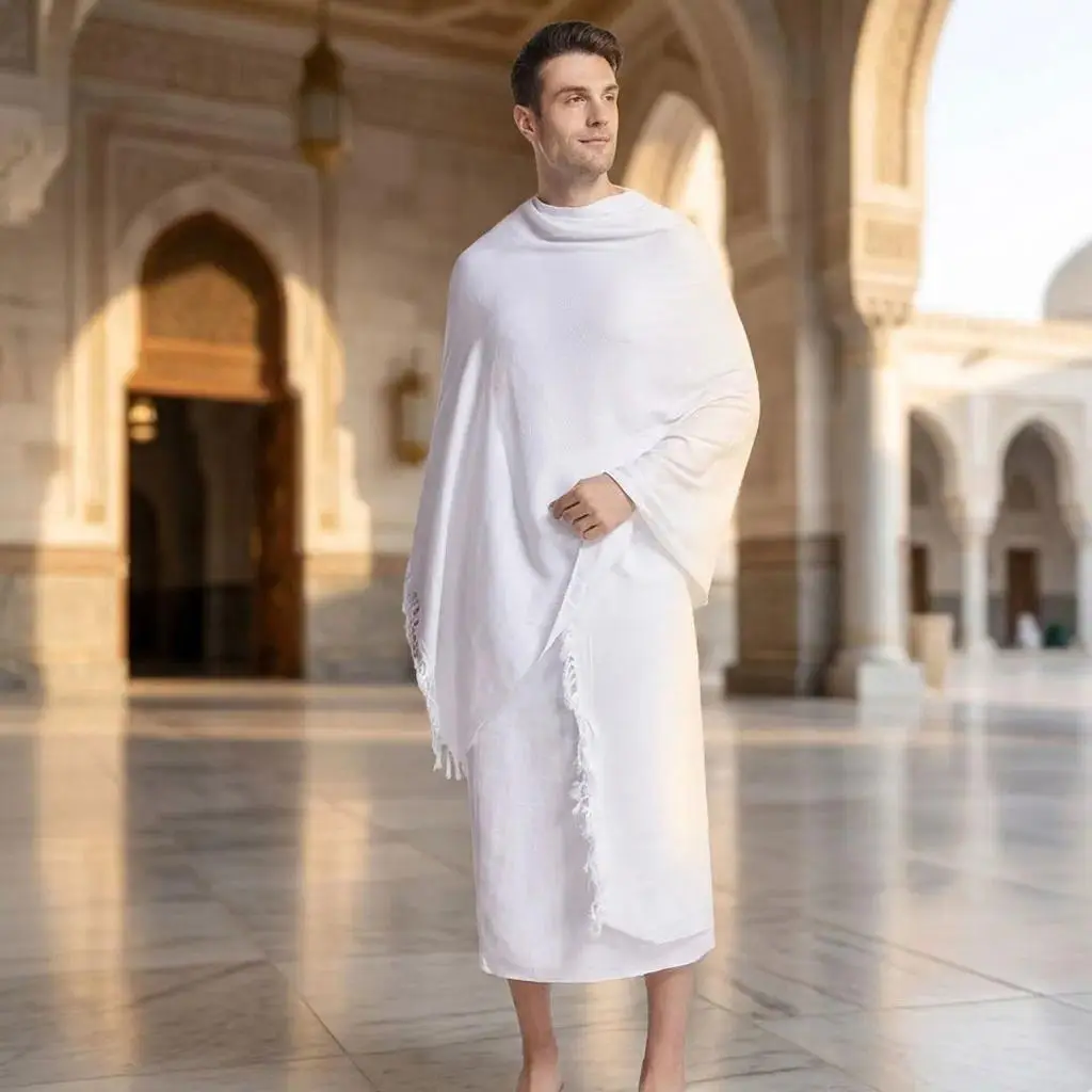 2026 Solid Color Arabic Ihram Set For Hajj Umrah Pilgrimage Middle East Men Two Piece Towel Suit