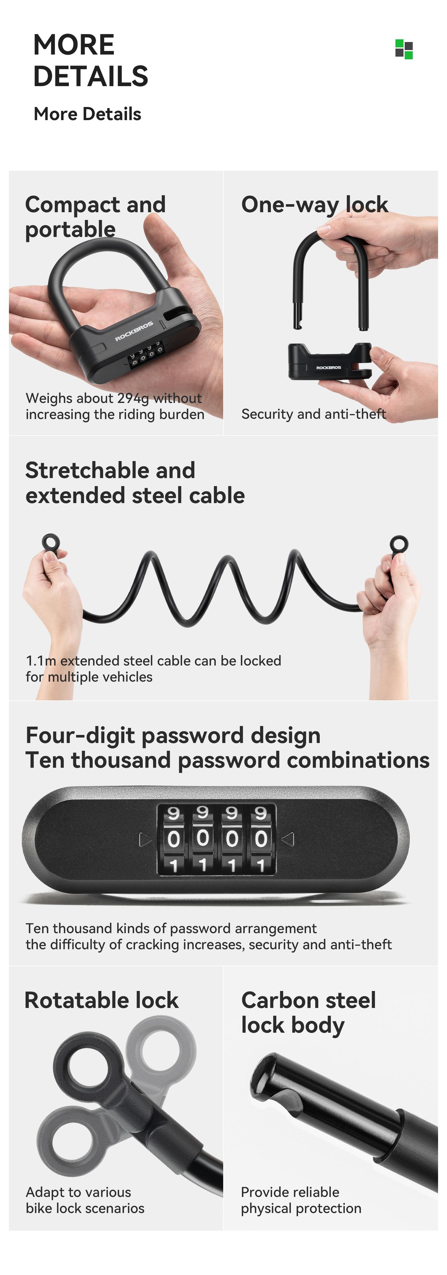 ROCKBROS U-Lock and Cable Scooter Bike Lock Anti-theft Lock
