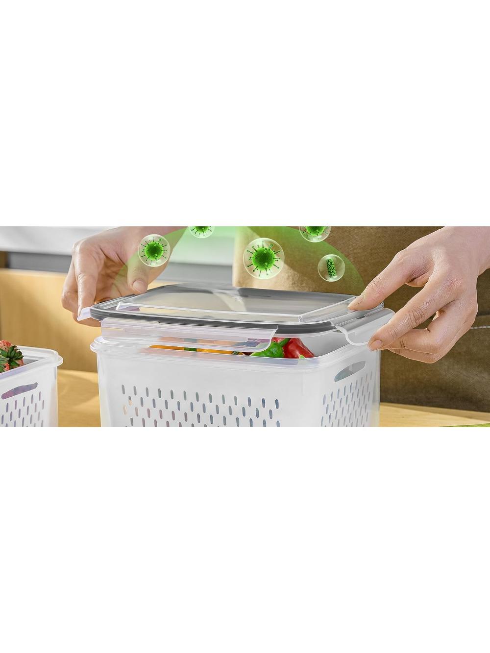 3 Pack Large Capacity Fruit Vegetable Storage Container with Detachable Drainer Basket BPA Free Refrigerator Safe Fridge Storage Organizer Dishwasher Safe Food Fresh Keeper for Berries Vegetables