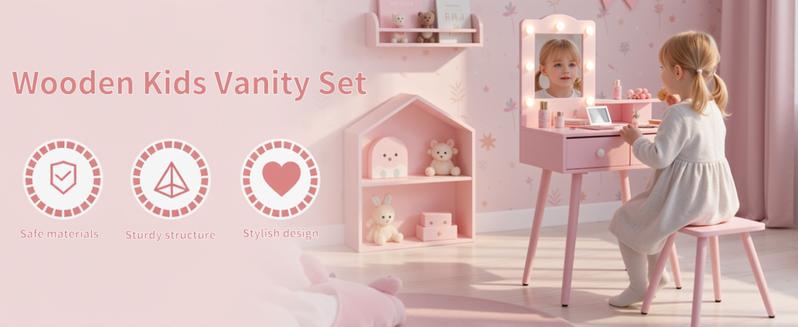 Kids Vanity Set and Mirror, Wooden Pretend Play Vanity Table and Chair Set for Girls with Stool, Drawer, Princess Makeup Dress-Up Toy for Toddlers 3+Year Old