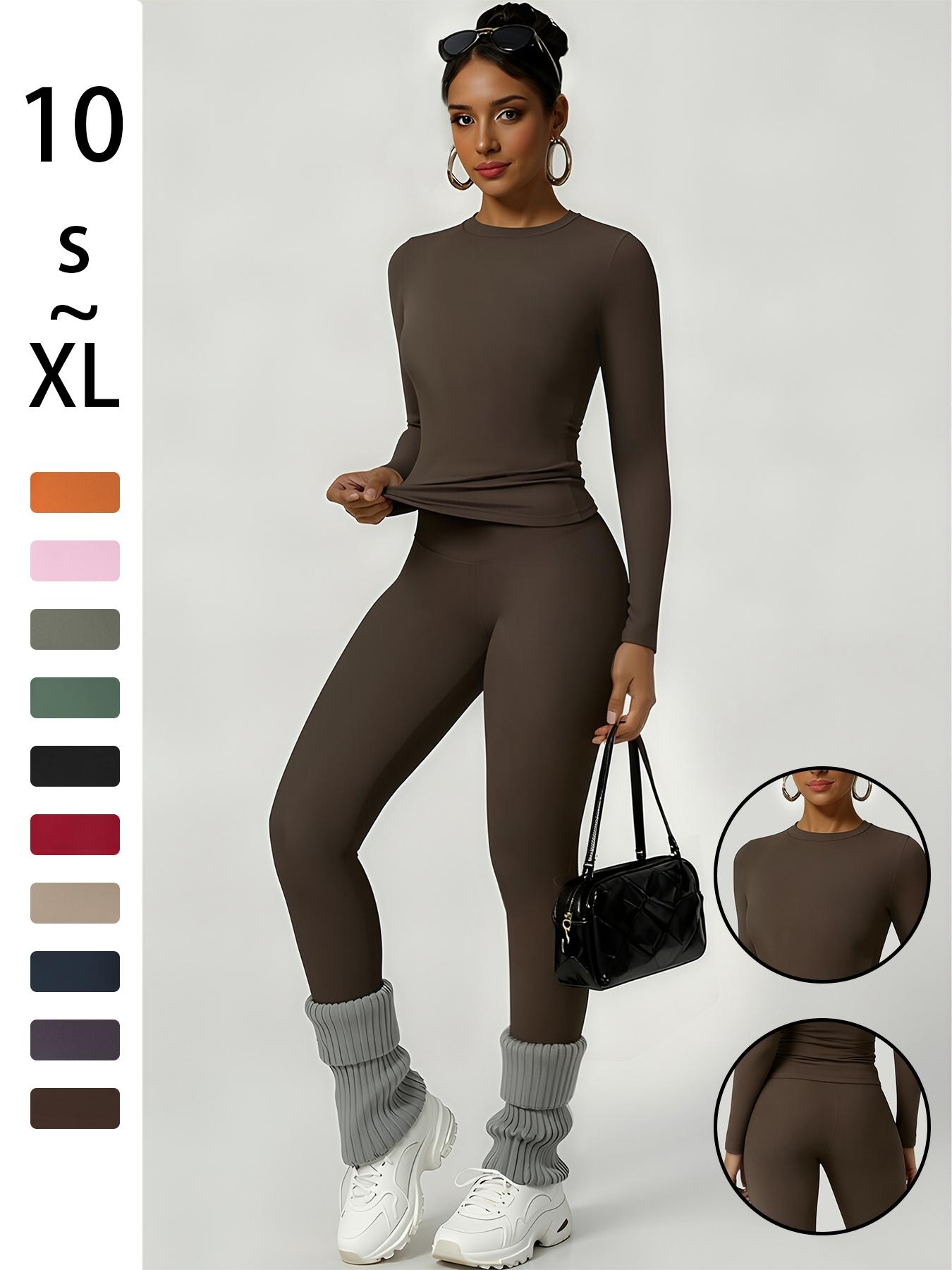 Women's Simple Solid Color Sportswear Set, Comfortable T-Shirt & Slimming Leggings, Perfect for Fall Winter Yoga & Daily Wear