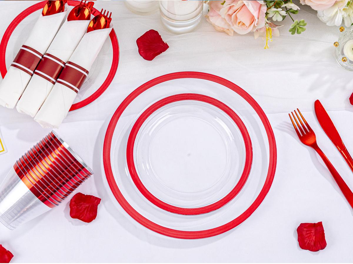 Gold/Silver/Green/Red/Black/Blue/RoseDisposable Plates and Silverware Set: Dinner Plates,Dessert Plates, Cups,Napkins,Knife, forks, spoons-Perfect for Party