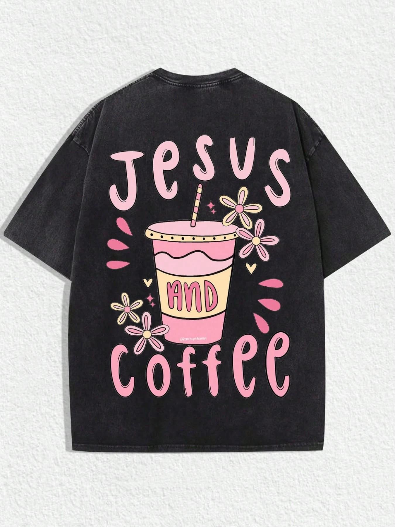 Jesus & Coffee Print Unisex T-Shirt, Cute Floral Coffee Pattern, Loose Fit Washed Casual Top, Christian Faith Street Style, 2026 New Arrival