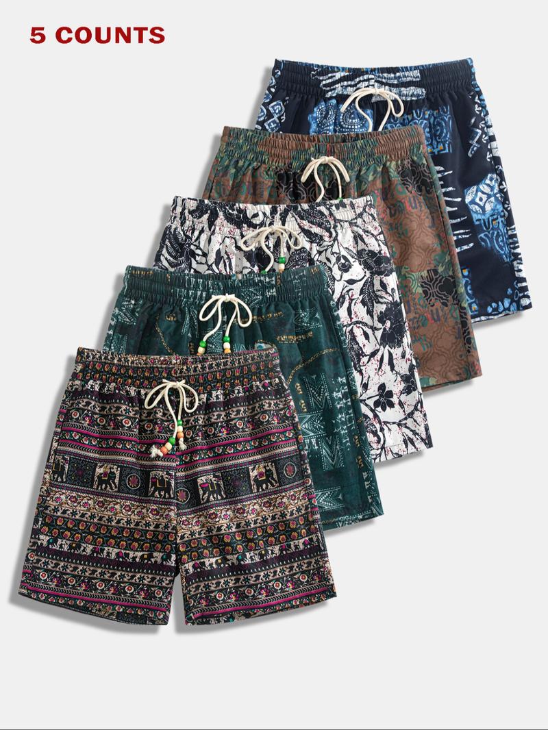 Men's Ethnic Pattern Drawstring Waist Baggy Shorts, Loose Casual Comfy Beach Paisley Shorts for Summer, Men's Bottoms for Daily Wear, Menswear, Casual Fashionable Shorts, Casual Athleisure Shorts, Athleisure Street Shorts, Hawaiian Beach Shorts
