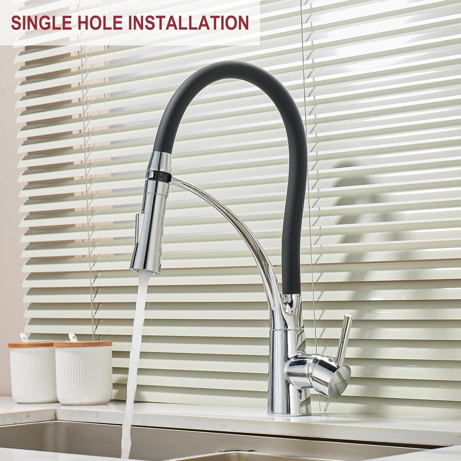 Extractable Kitchen Faucet Flexible Silicone Sprayer, Single Handle Pull-Down Brass Goose Neck, Modern High Arc, Polished Chrome Rubber Nozzle Hose