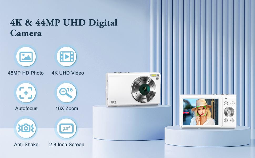 Pocket Digital Camera, 4K Autofocus Vlogging Camera with Flash, 48MP Point and Shoot Digital Camera with 16X Zoom, Anti-Shake, 32GB Card, Portable Compact Camera for Teens Adult Beginner (White)