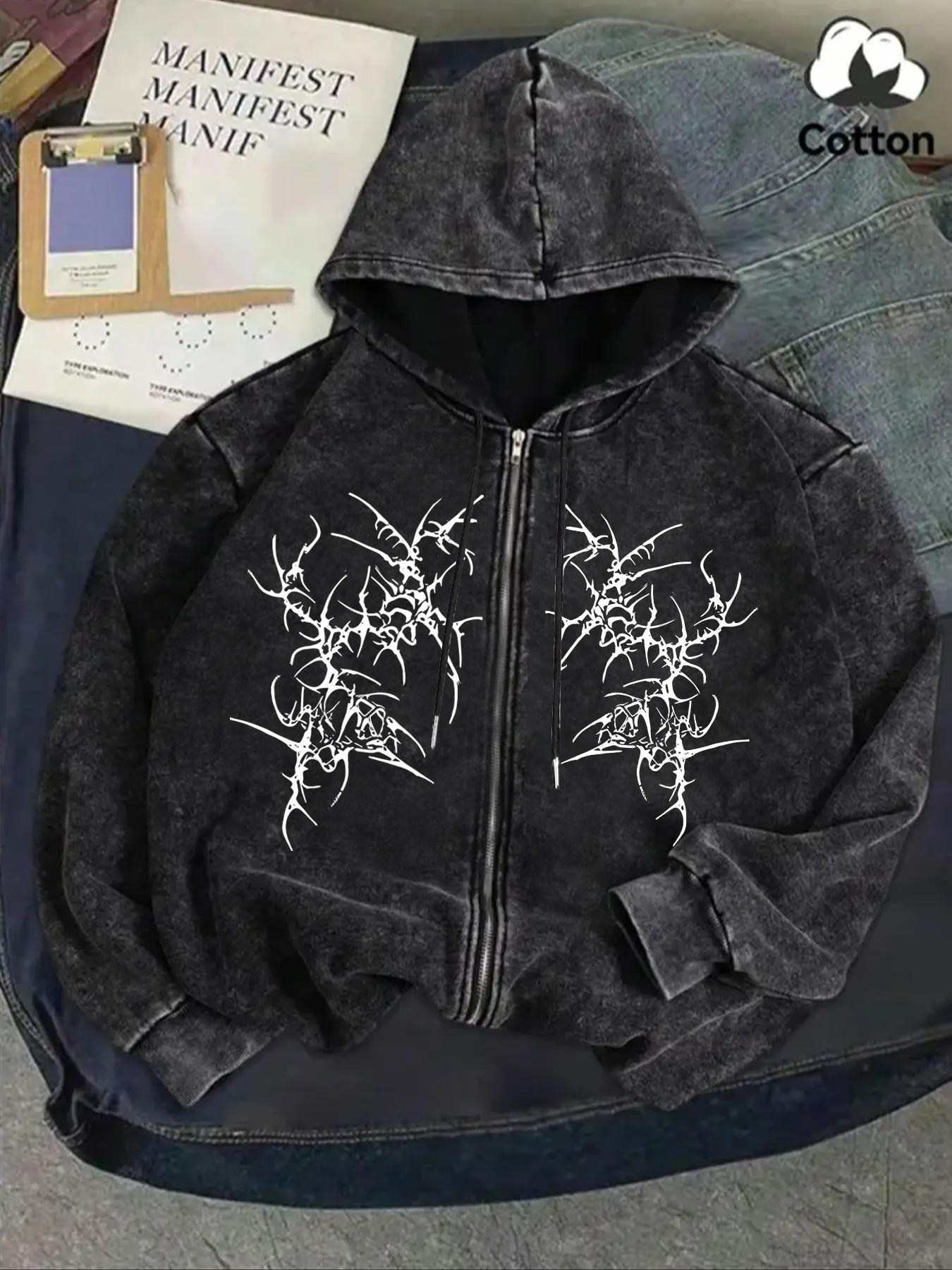 Oversized Grunge Y2K Zip-Up Hoodie - Washed Black Cotton