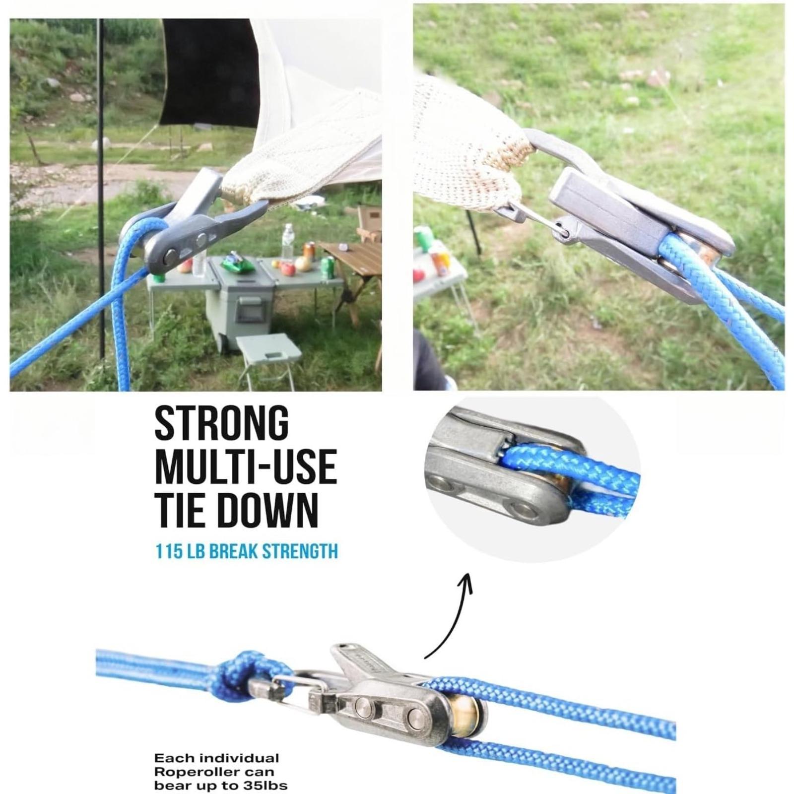 Rope with Roller Tensioner for Easy and Safe Bundling, 6-piece Rope Adjuster, Camping and Boating Tie-down Tool with Locking Buckle