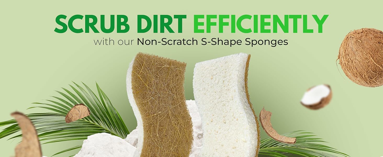 Natural Kitchen Sponges (12 Pack) - Biodegradable Cellulose & Coconut Scrubber Dish Sponges for Kitchen - Eco-Friendly, Non Scratch, Compostable, Non Toxic S-Shaped Natural Sponges for Dishes