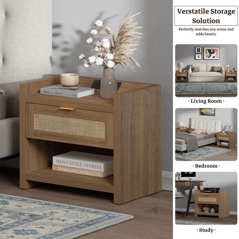 SICOTAS Night Stand Bed Side Table Set of 2- Rattan Nightstand with Type-C Charging Station, Drawer Storage End Table - 15.4" x 23.6" x 22.1" Size Boho Bedside Stand Night Stands for Bedroom Living Room Sofa Couch Office, Durable