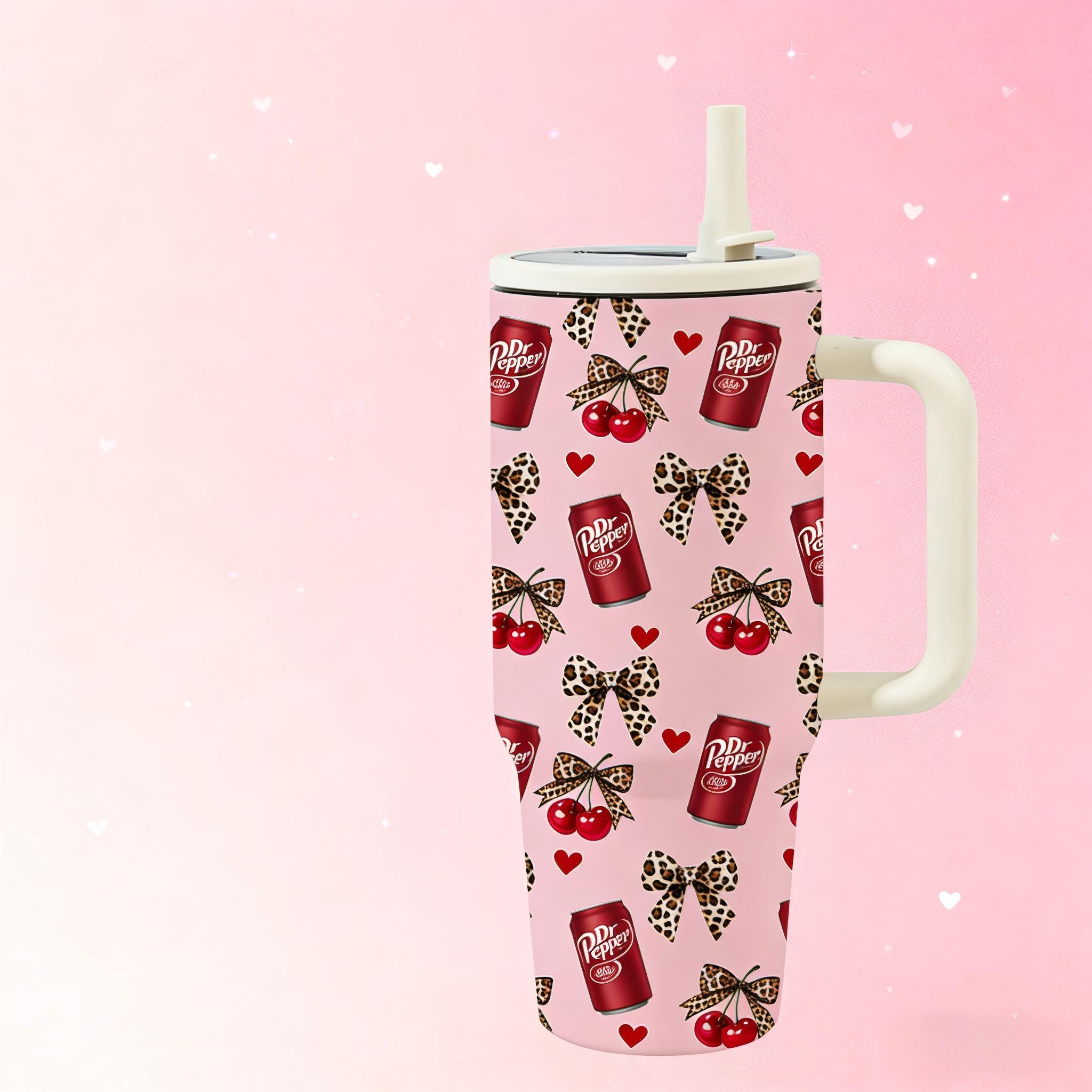 Siphalo 40oz Vacuum Cup with Handle & Straw, Double-Wall Stainless Steel Insulated Tumbler, Tumbler with Lid, Leak-Proof Thermal Mug That Keeps Drinks Hot for 12 Hours & Cold for 24 Hours, Cherry Soda Heart Pattern, Valentine's Day & Birthday Gift