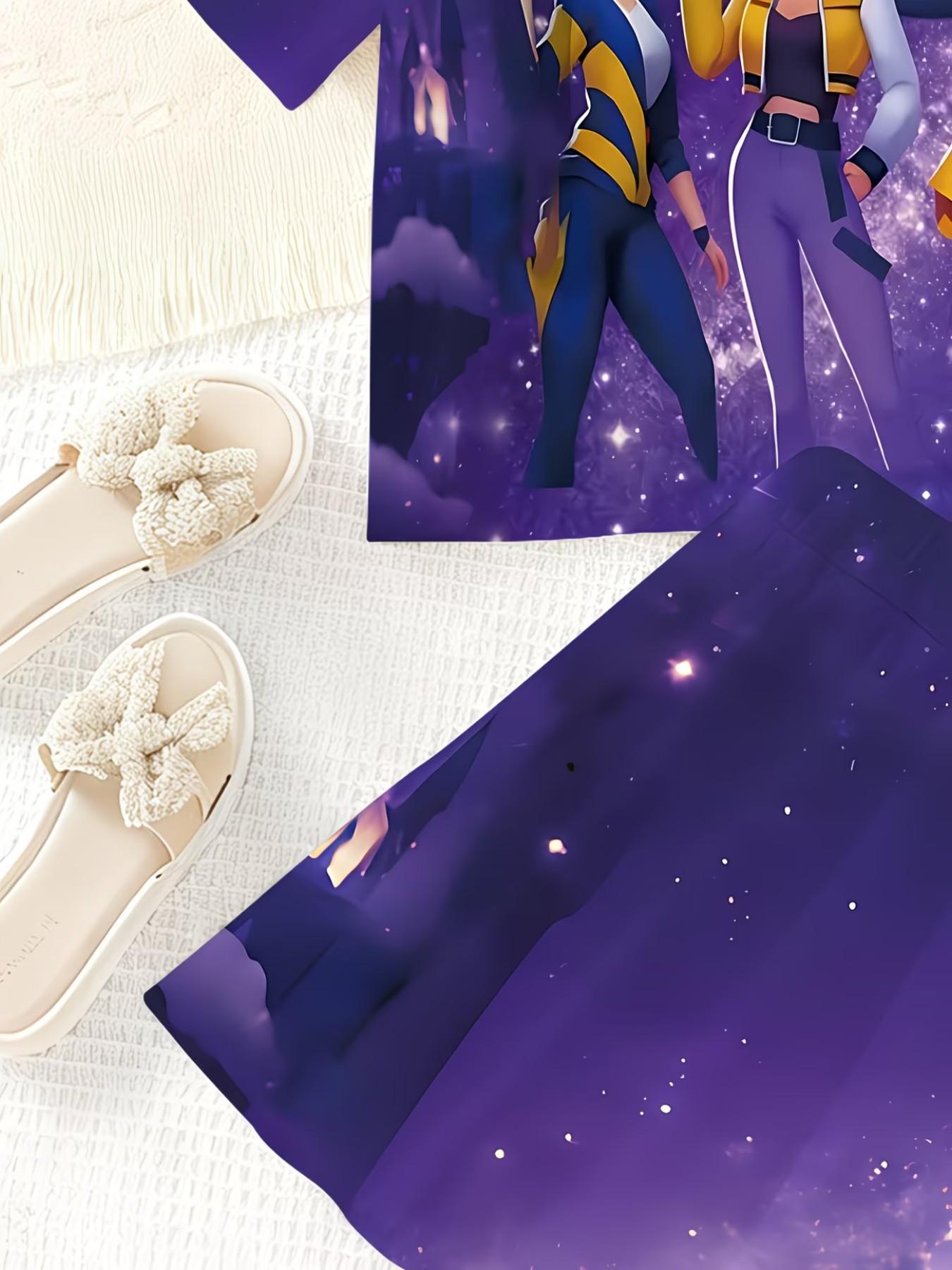 Girls' Summer Casual Set, Cartoon 3D Print, Fashion Round Neck Short Sleeve Top + Skirt, Comfortable Summer for Kids