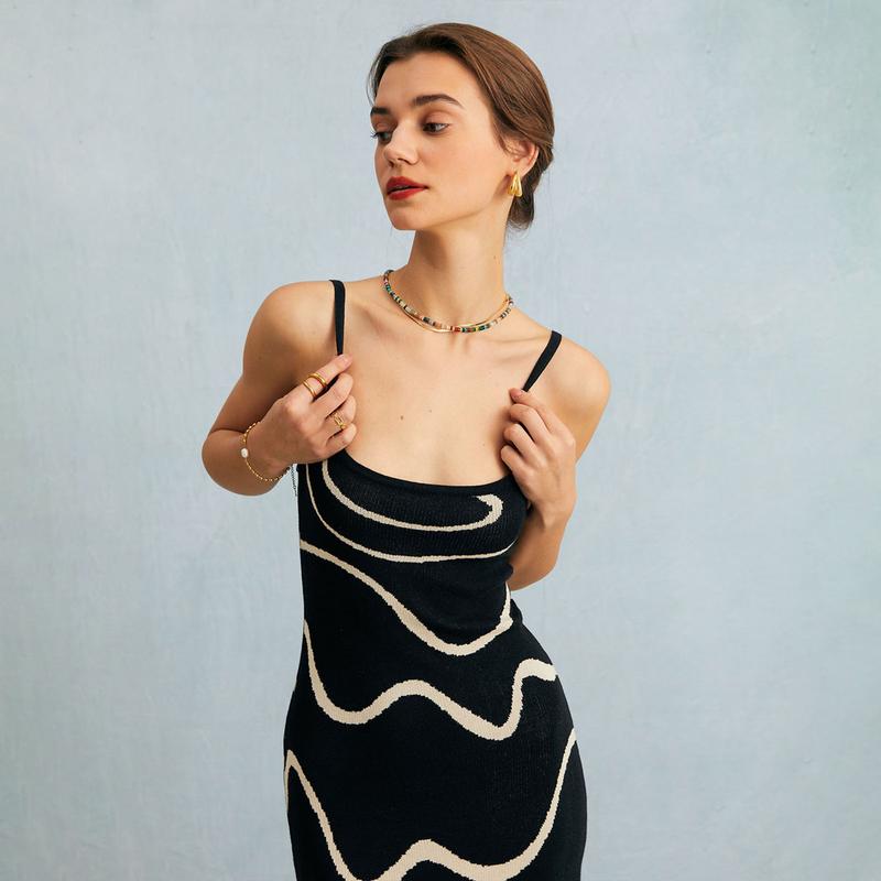 RIHOAS Vintage Elegant Strap Long Dress High & Grade Wave Stripe knitted Mid length Dresses Women's Summer Autumn Ladie Party Clothing Sleeveless Casual Cotton Fabric