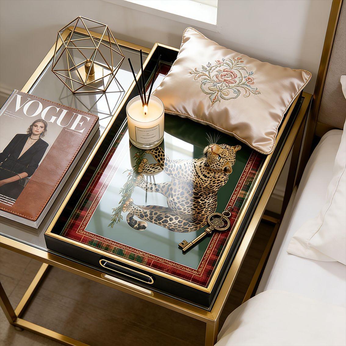 American Style Luxury Retro Leopard Print Tray, Rectangular Tea Tray with Handles, Living Room Decor Storage Dish, Elegant Home Accessory