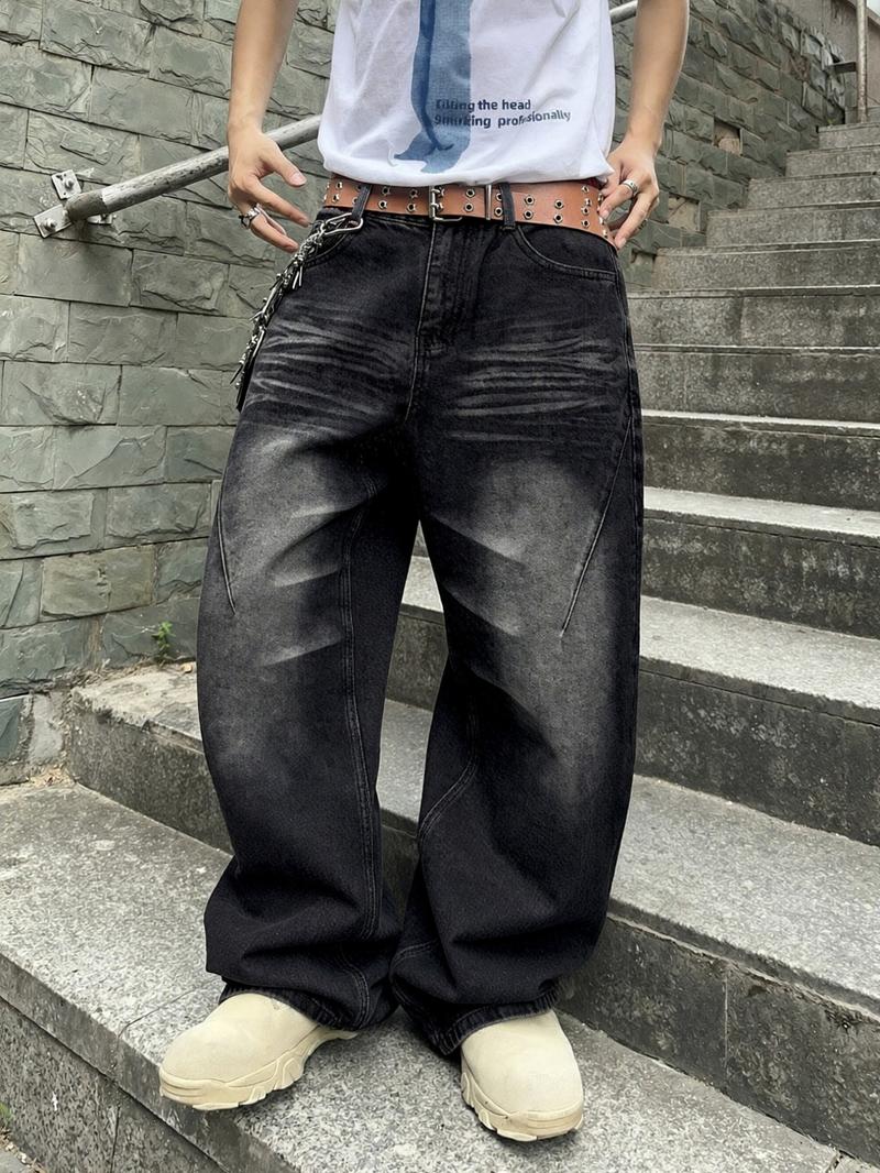 Y2K Retro Black Stone Washed Loose Jeans, Men's Streetwear Hip-Hop Casual Pants, Wide-Leg Loose Jeans with Distressed Effect, for Leisure Daily Wear
