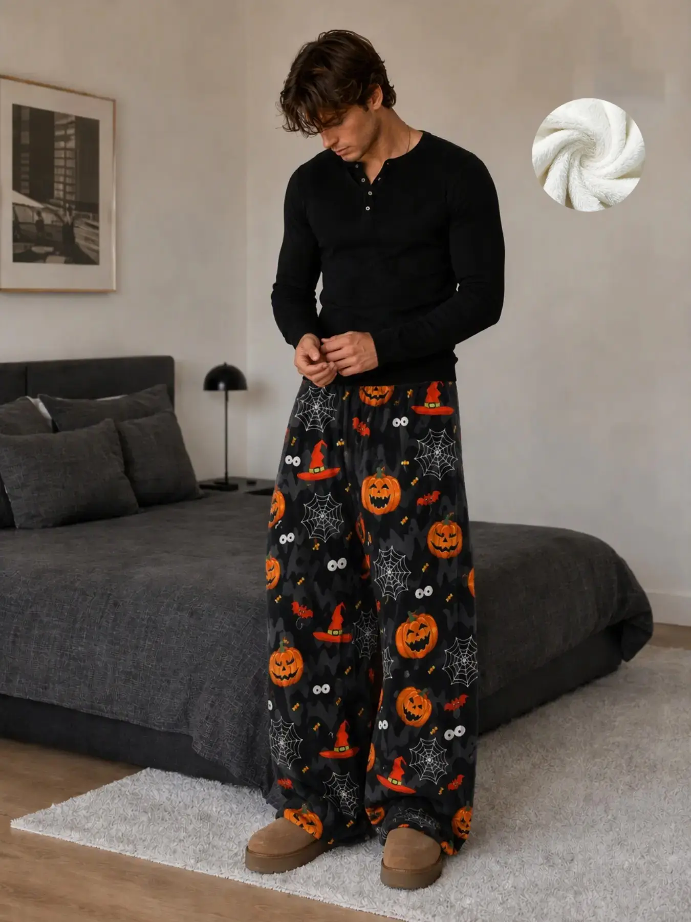 Autumn & Winter Flannel Unisex Warm Long Pants, Halloween Pumpkin Monster Spider Web Print Loose Cute Retro Pajama Pants