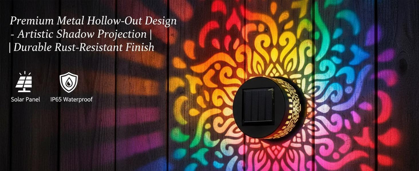 2Pcs Solar Mandala Hollow-Out Projection Wall Light – 7 Color Changing RGB, Waterproof Metal Fence Lights, Outdoor Lighting Essentials Decorative Lamps for Yard, Garden, Patio, Backyard Decor