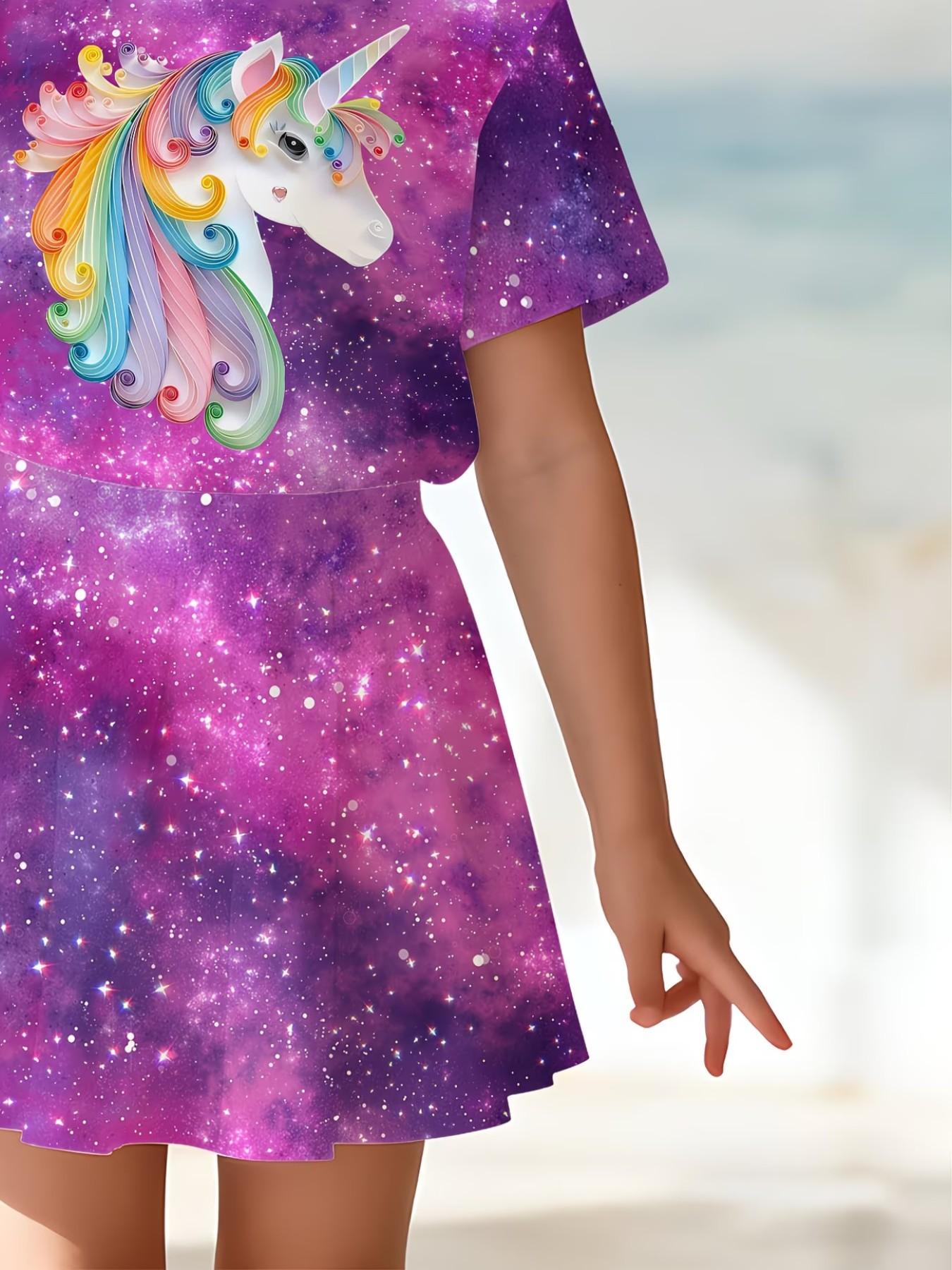 Girls' 3D Unicorn Print Top and Skirt Set, Casual Summer, Slim-Fitting Round Neck Short Sleeve, All over Print, Two-Piece Set