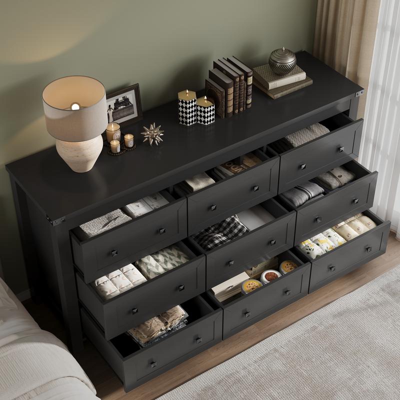 Dresser for Bedroom with 9 Drawers, Farmhouse Wood Chest of Drawers, Wide TV Stand Closet Storage Furniture with Metal Handle, Modern Clothes Organizer for Hallway, Living Room, Entryway, White