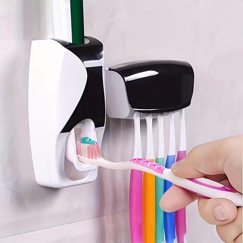 Automatic Toothpaste Dispenser + Brush Holder, Creative Wall-Mounted Toothbrush Rack, No-Drill Bathroom Organizer Set, Toothbrush Holders